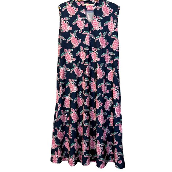 Simply Southern Navy & Pink Sea Turtle Print Sleeveless Dress L Summer Tropical - Picture 1 of 5